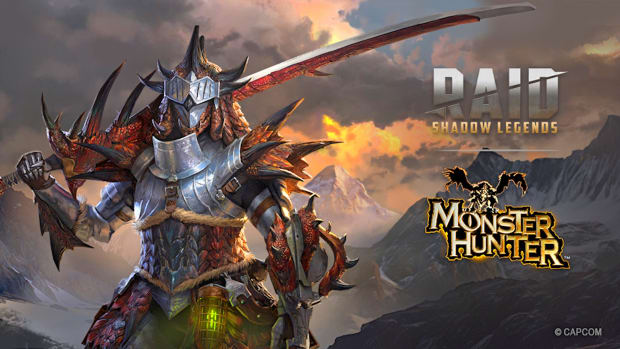 A human figure in heavy metal armor is carrying a sword made from Monster Hunter's Rathalos. Text on the right side reads Raid Shadow Legends and Monster Hunter