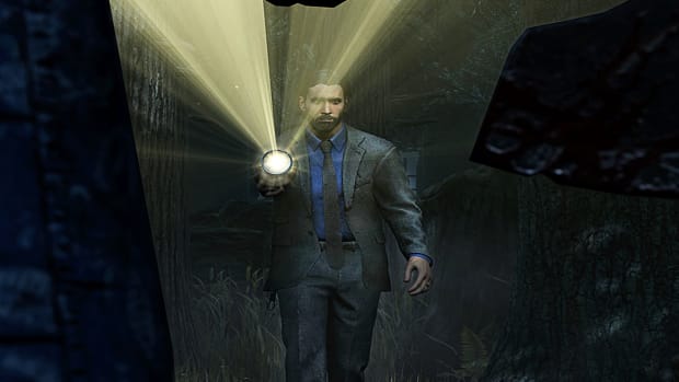 Alan Wake in Dead By Daylight is walking through piles of metal scraps in his signature suit, with nothing but a flashlight for defense.