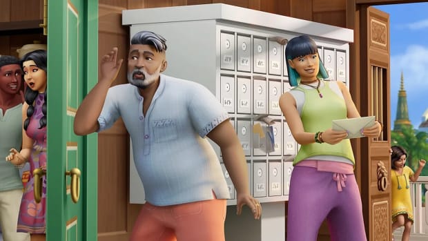 A Sim in The Sims 4 is standing outside a door near a row of mailboxes, eavesdropping on a couple in the next room.