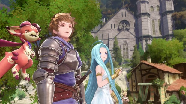 An anime man with brown hair and metal armor is standing between an anime woman with long blue hair and a flying dragon. Behind them is a stone cathedral, and all three wear expressions of happiness and optimism