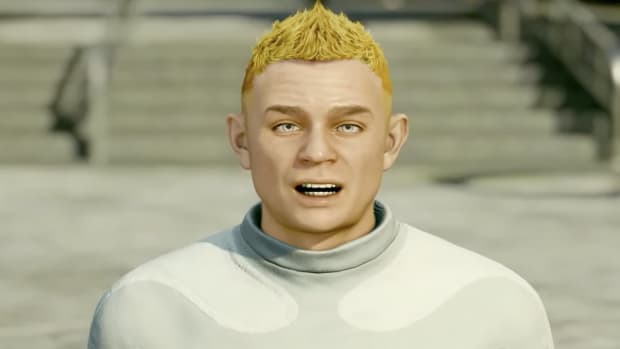 Starfield's adoring fan, a white man with short yellow hair, is staring at the camera with his mouth open