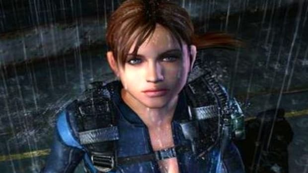 An animated woman with brown hair in a ponytail, wearing a deep-cut blue diving suit, is standing in on a metal platform in the rain, staring upwards