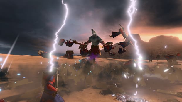 Screenshot from the Total War: Warhammer 3 OvN Araby mod showing a djinn in battle.