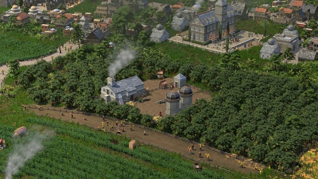 A miniature farm is shown surrounded by forest, with a larger city sporting mixed EMEA architecture styles in the distance