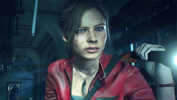 Resident Evil 2's Claire Redfield is sitting in an enclosed metal tube with a flashlight in her left hand. Over her right shoulder, a large, dark figure is looming in a doorway