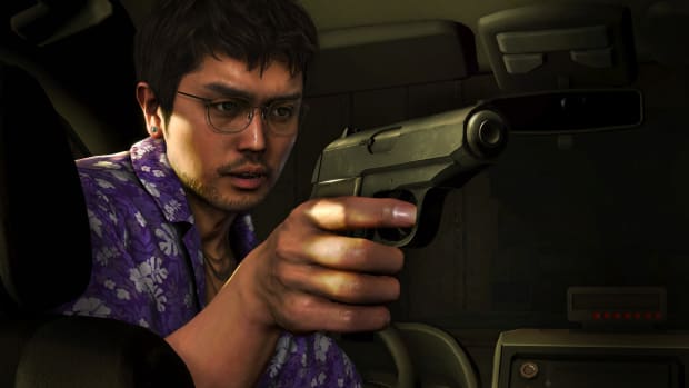 Eric Tomizawa from Like a Dragon: Infinite Wealth holding a gun