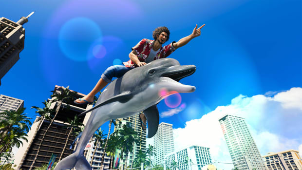 Like a Dragon: Infinite Wealth protagonist Ichiban Kasuga is riding a Dolphin in Hawaii in a screenshot from the game.