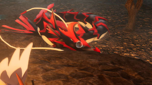 Palworld's Jormuntide Ignis, a red and black dragon-like creature, is shown asleep on a rock