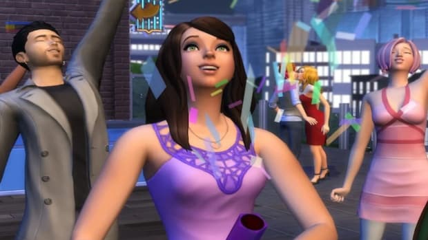 Three sims from The Sims 4 are celebrating in the streets with confetti and party favors
