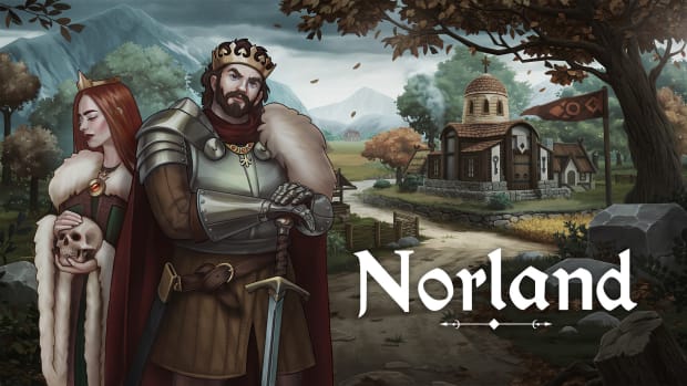 Norland artwork showing a king and queen in front of a medieval settlement.