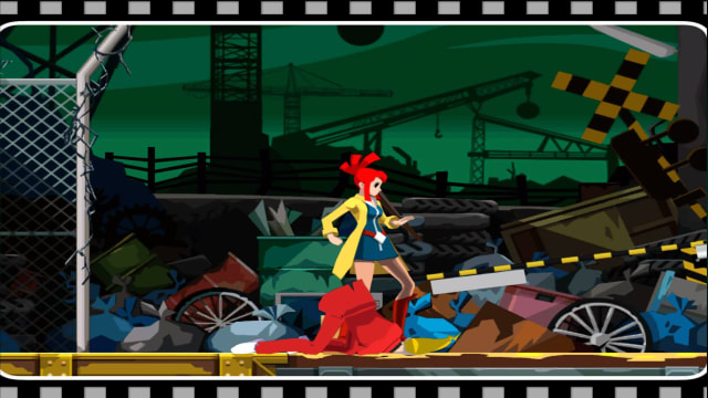 Ghost Trick review: A red-haired anime woman wearing a long yellow coat is standing in a junkyard over the corpse of a man