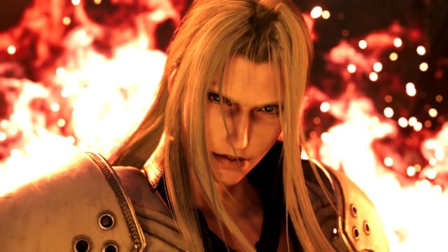 Final Fantasy 7 Rebirth's Sephiroth, walking through flames that reach high above his head