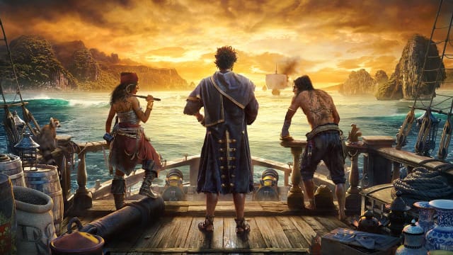 Three Skull and Bones sailors look out over the horizon from the prow of their ship