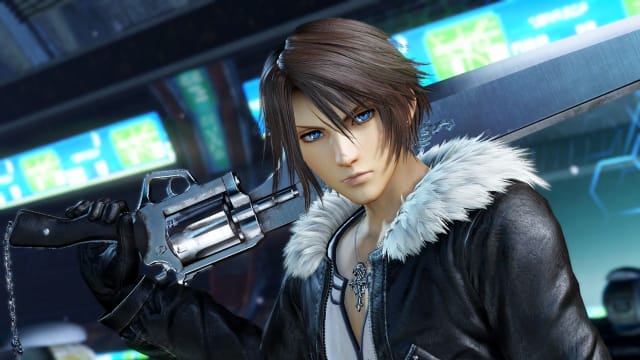 Final Fantasy 8's Squall hoists his gunblade over his right shoulder