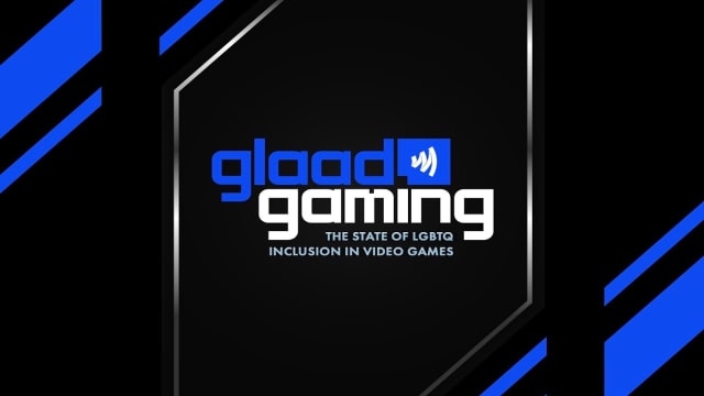 The GLAAD gaming logo, blue and white text on a black stylized background with polygonal shapes
