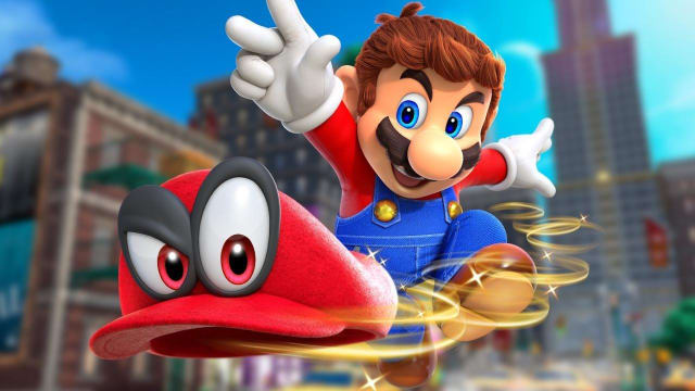 Nintendo's Mario jumps in midair, following Cappy the sentient hat, as the skyscape of New Donk City rises behind them