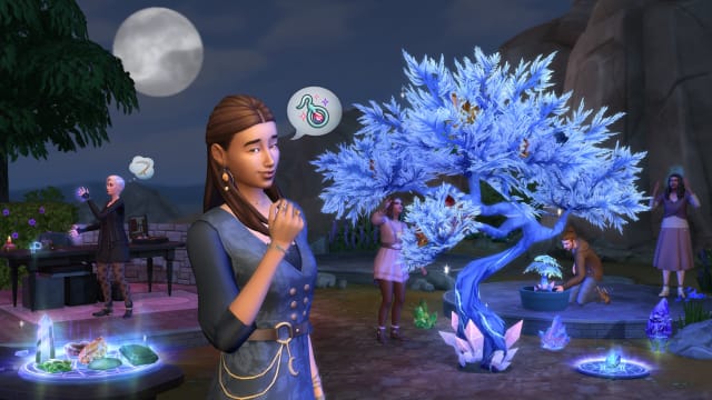 A Sim wearing Sims 4 stuff pack crystal creations clothes stands near a crystal tree under the moonlight