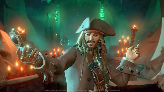 Jack Sparrow from Pirates of the Caribbean, shown in his Sea of Thieves form, holding a compass and standing in a cave filled with candles