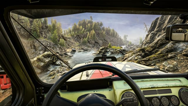 Expeditions: A MudRunner Game screenshot of a car driving in a river.