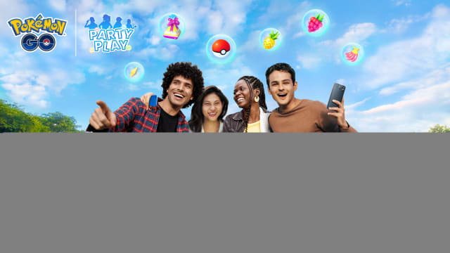 Pokémon Go Party Play header showing four players and their avatars in a group.