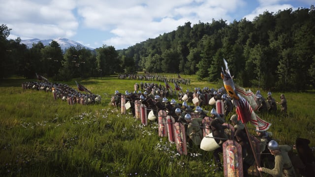 Manor Lords screenshot showing an army forming up for battle.