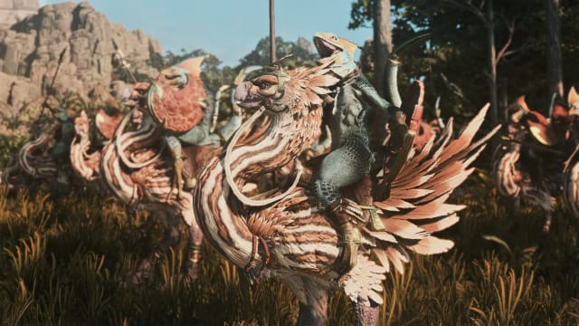 Total War: Warhammer 3 Skins riding on feathered dinosaurs.
