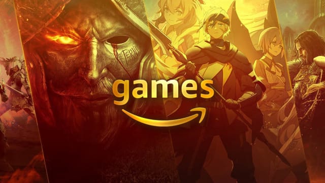 Amazon Games logo on top of artwork from Amazon Games' MMOs.