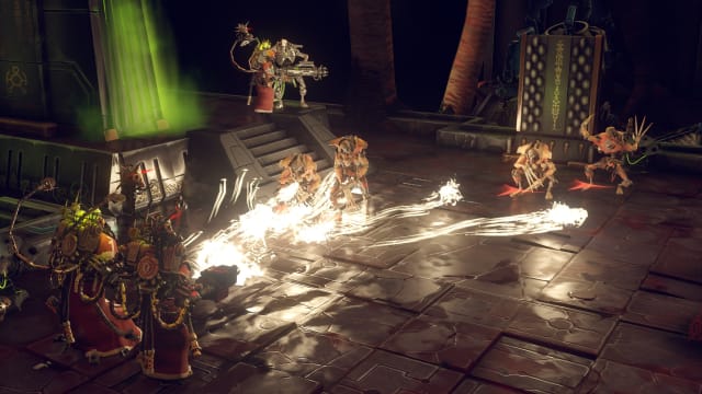 Warhammer 40,000: Mechanicus screenshot of Adeptus Mechanicus Tech-Priests fighting Necrons.