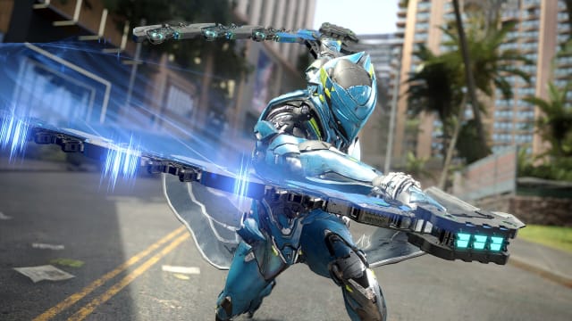 A humanoid robot wielding two blades humming with energy is fighting their way through a downtown street