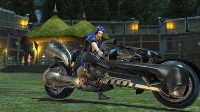 A FFXIV Miqo'te in a blue robe is sitting astride a large, shining black motorcycle, with candlelight illuminating its silver trim.