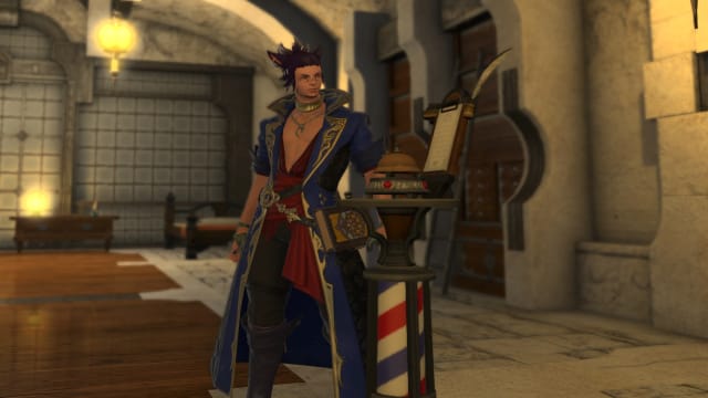 A Final Fantasy 14 Miqo'te wearing a long blue robe is standing next to a barber pole with a push bell on top of it.
