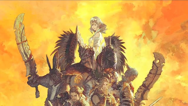 Final Fantasy 14 Dawntrail's lead cast, including the Scions of the Seventh Dawn, are depicted in a pyramid shape against a dusky orange background