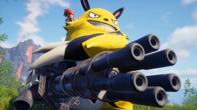 A large, round, fluffy yellow creature with pointed black ears is sitting atop a multi-turreted tank with a tiny human on its right shoulder.