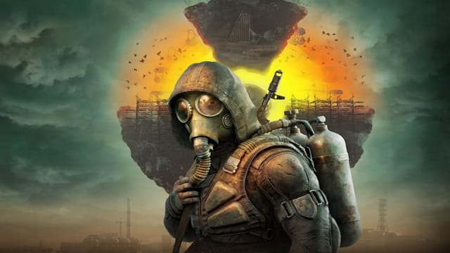 An adult human in grey armor made from scraps of metal and material is shown wearing a gas mask and a dingy hood. Behind them is an orb of fire engulfing what looks like an industrial facility