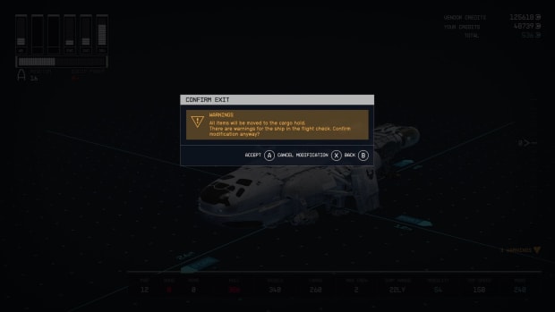 A confirmation screen in Starfield prompting the player to confirm changes made to a ship, in this case, a removed component