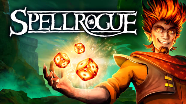 Spellrogue key art of a mage throwing several burning dice.