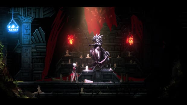 A screenshot of Awaken Astral Blade showing the player character standing in front of a statue.