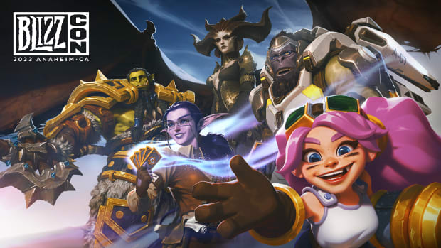 BlizzCon 2023 key art with characters from Diablo, Overwatch, and Warcraft.