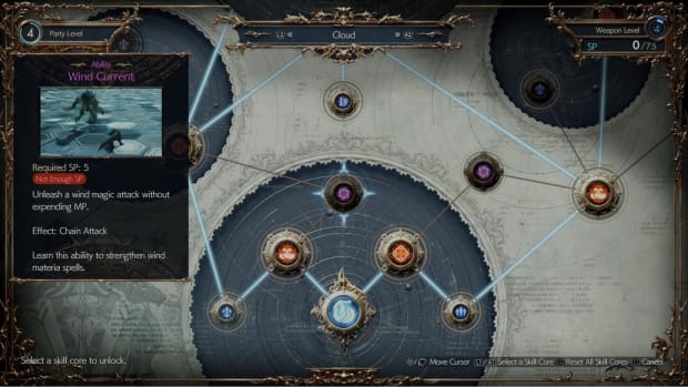 FF7 Rebirth screenshot of the Folios menu where players can unlock core skills.