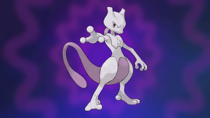 Mewtwo on the Pokémon Go Psychic-type background.