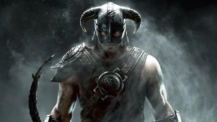 This new Skyrim mod lets you see yourself properly at last: A white man wearing a grey horned helmet and a leather vest is standing in the middle of a fog bank. He's holding a long, curved blade in his right hand
