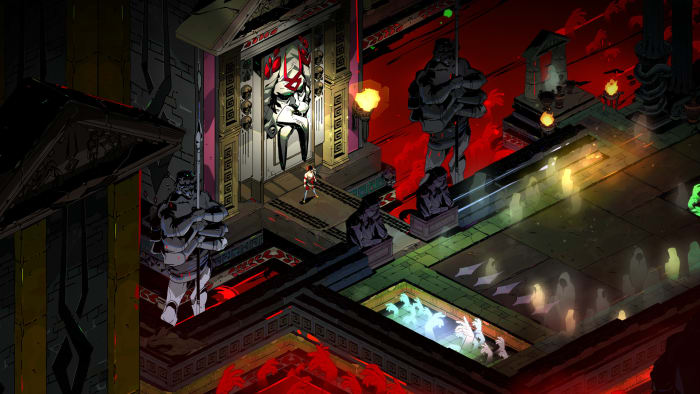 Hades screenshot of Zagreus standing in front of a huge portal.