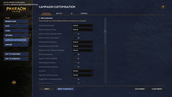 Total War: Pharaoh customization menu screenshot.