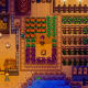 The Stardew Valley 1.5 mobile update is almost ready: A pixel person with purple hair is standing in a dirt field, surrounded by pumpkins, grapevines, and other crops. A green chicken house is nearby, illuminated by torchlight