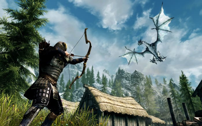 Skyrim player shooting an arrow at a dragon