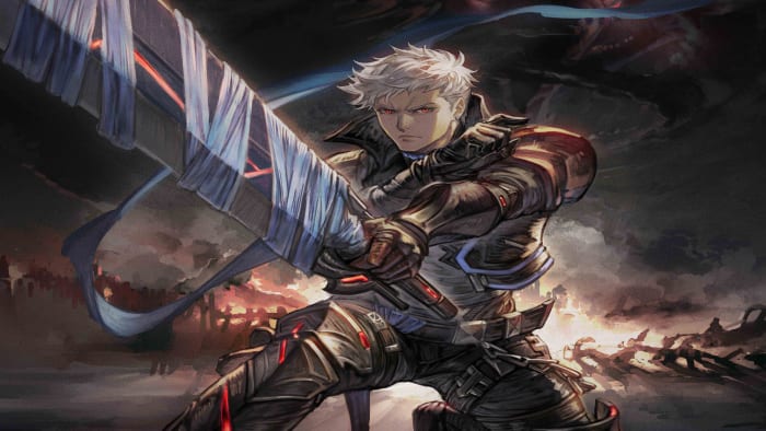 Granblue Fantasy Relink looks incredible in new trailer: An anime man with short white hair, wearing black armor with red streaks, is in a crouching position on a scorched black battlefield. His left arm is thrust forward, and he's pointing a large silver and red sword, wrapped in bandages, in front of him