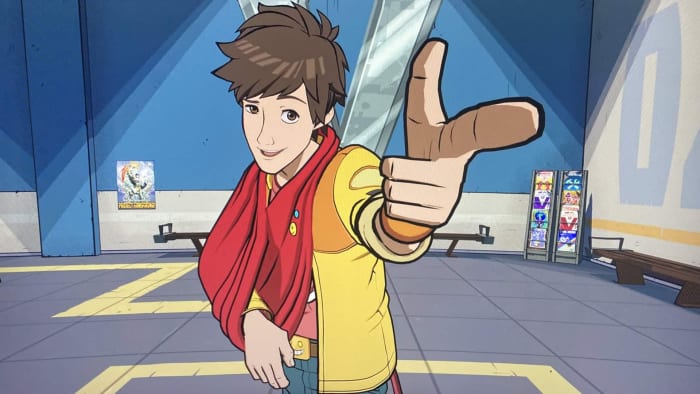 Tango planned Hi-Fi Rush long before Game Pass existed: An anime young man with short brown hair, wearing a yellow jacket and with his right arm in a red sling, is standing in an empty metal room. He's making a finger gun at the camera