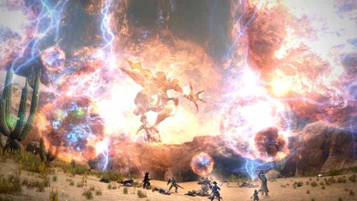Players battle a raid boss in Final Fantasy 14 as magical spells crackle in the air around them.