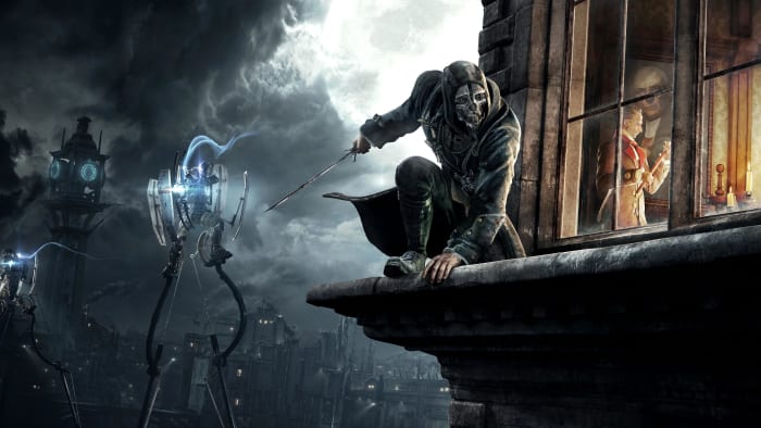 A whalepunk ninja spies through a window while crouched on the ledge outside in Dishonored. A robotic strider stomps around in the background and there's a gothic clocktower in the distance.