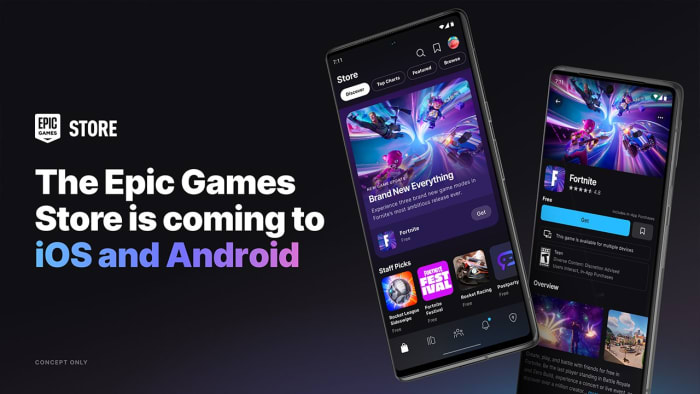 Epic Games Store mock-up on mobile phones.
